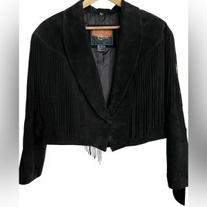 Cripple Creek Suede Leather Cropped Fringe Jacket in Black size XL EUC